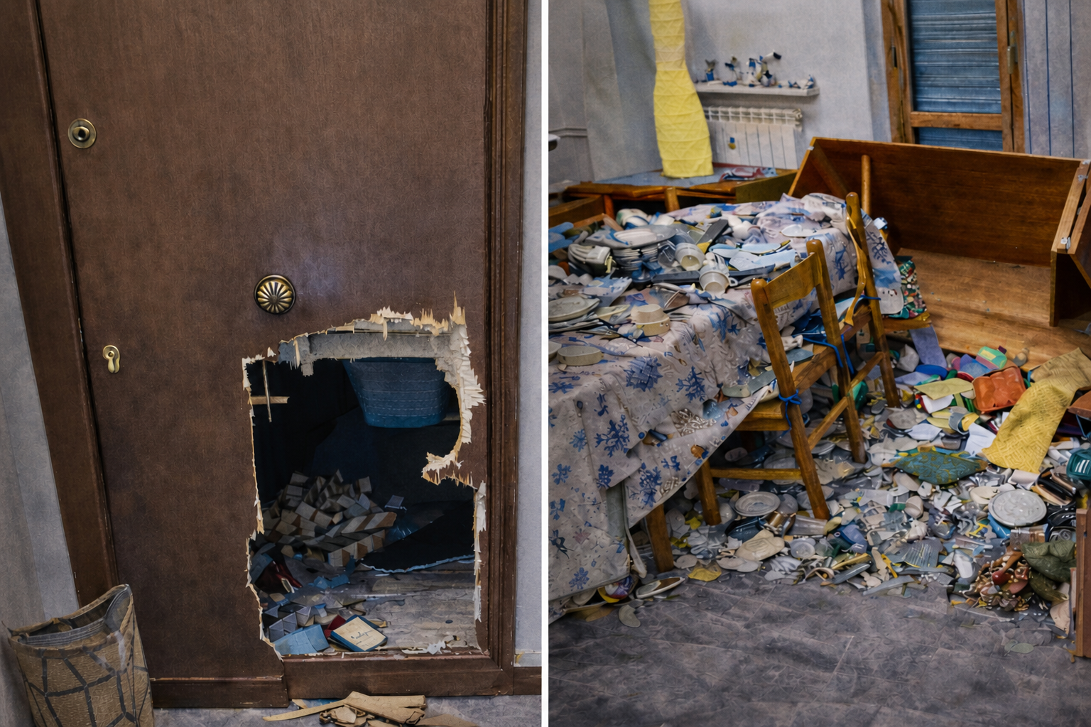 Porta realmente sfondata durante un'effrazione e interno dell'abitazione danneggiato